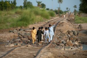 Image contains 6 young boys walking along train tracks in Pakistan. They are surrounded by plants and gravel, with water on the opposite side.